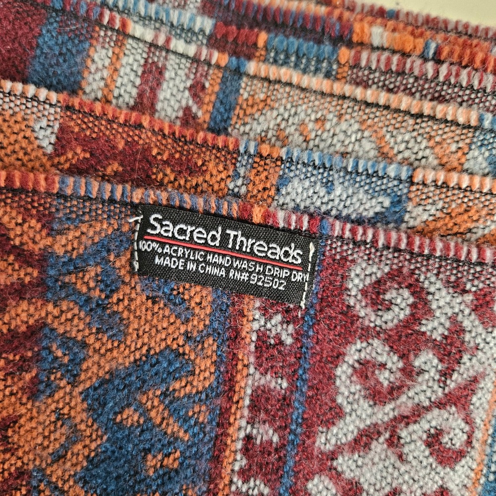 Sacred Threads Woven Boho Tribal Scarf Wrap Rust Teal Maroon - Picture 10 of 11